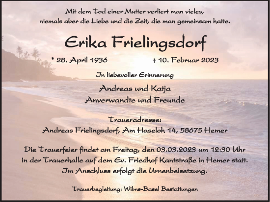 Traueranzeige von Erika Frielingsdorf von WVW Anzeigenblätter
