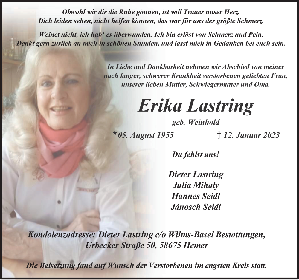  Traueranzeige für Erika Lastring vom 04.02.2023 aus WVW Anzeigenblätter