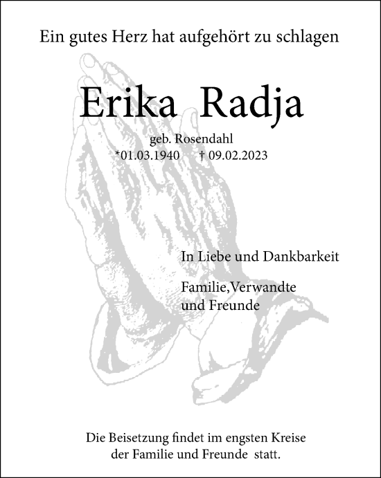 Traueranzeige von Erika Radja von WVW Anzeigenblätter