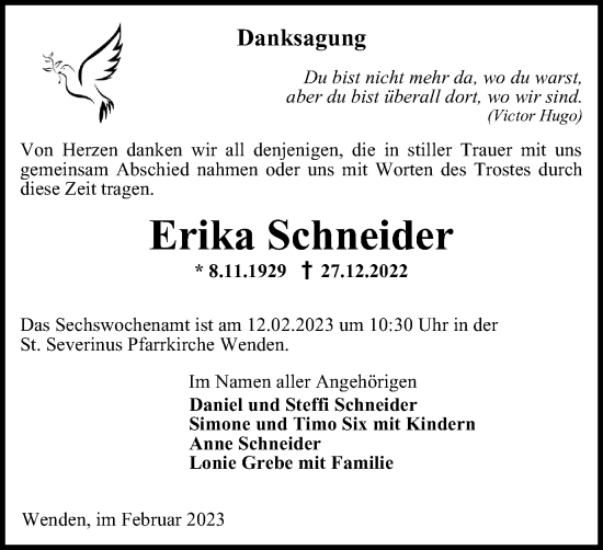 Traueranzeige von Erika Schneider von Tageszeitung