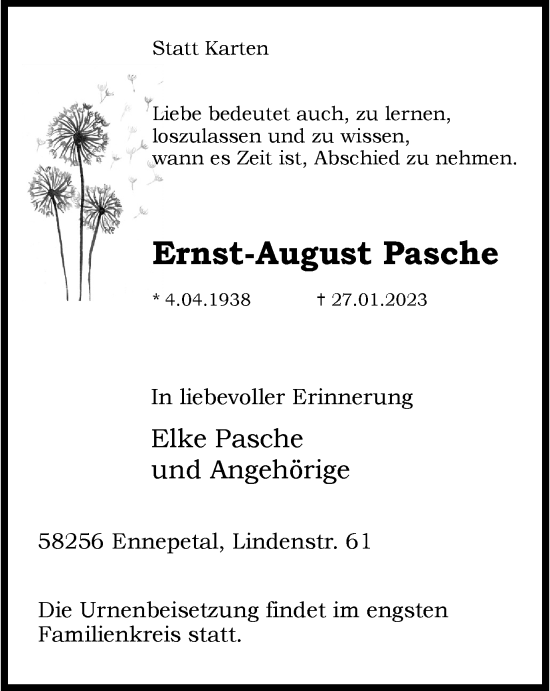 Traueranzeige von Ernst-August Pasche von Tageszeitung