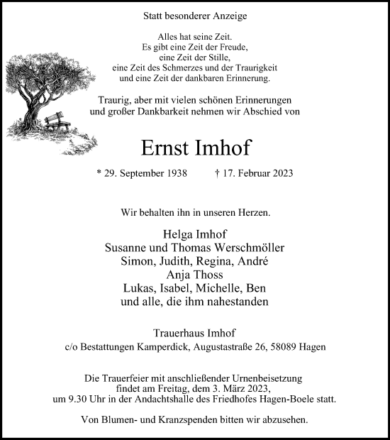 Traueranzeige von Ernst Imhof von Tageszeitung