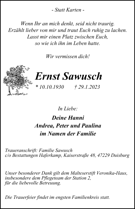 Traueranzeige von Ernst Sawusch von Tageszeitung