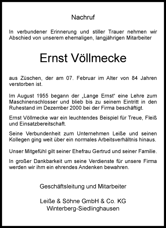 Traueranzeige von Ernst Völlmecke von Tageszeitung