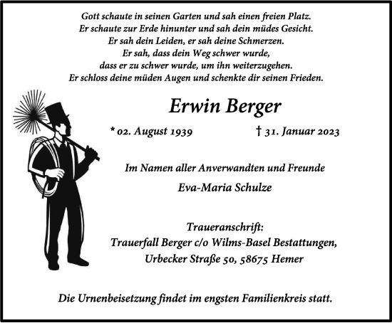 Traueranzeige von Erwin Berger von WVW Anzeigenblätter
