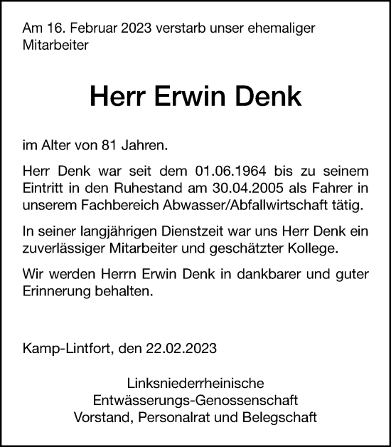 Traueranzeige von Erwin Denk von Tageszeitung