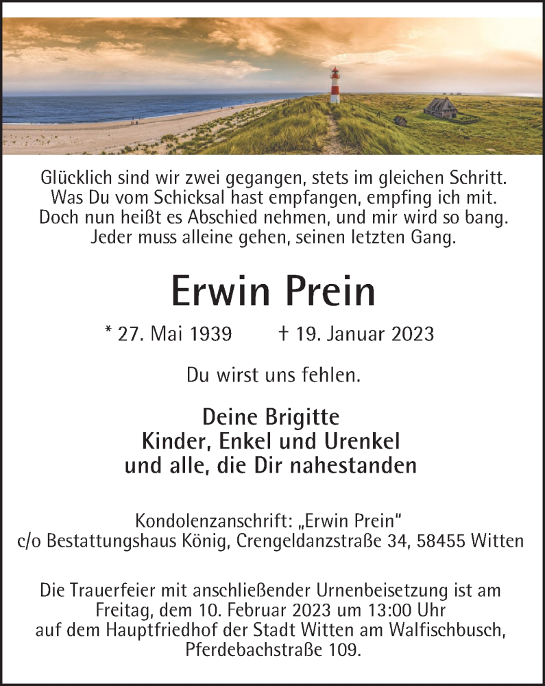  Traueranzeige für Erwin Prein vom 04.02.2023 aus WVW Anzeigenblätter