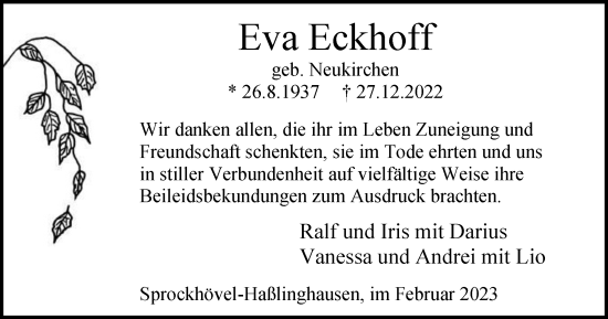 Traueranzeige von Eva Eckhoff von Tageszeitung