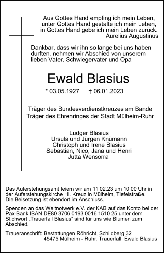 Traueranzeige von Ewald Blasius von Tageszeitung