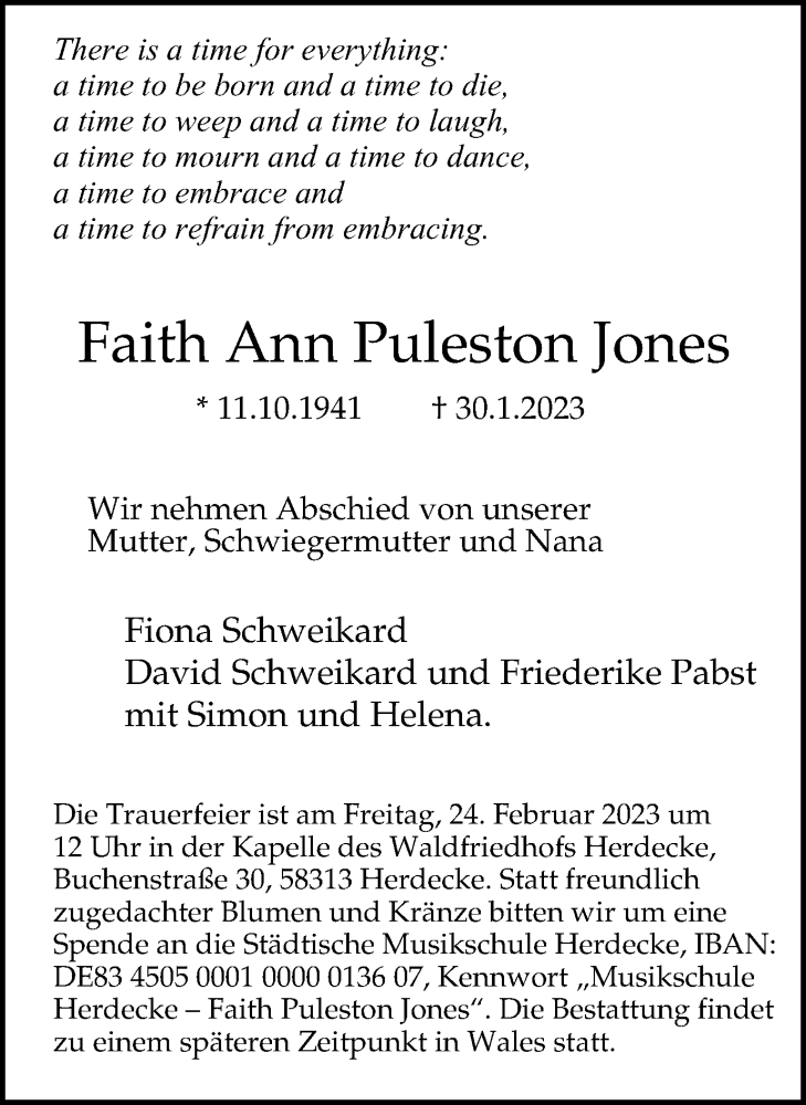  Traueranzeige für Faith Ann Puleston Jones vom 18.02.2023 aus Tageszeitung
