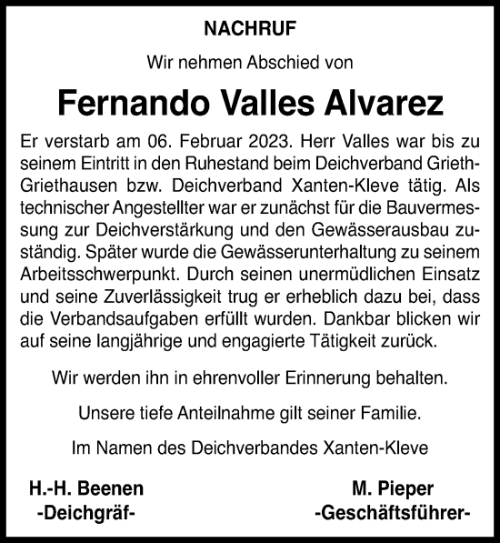 Traueranzeige von Fernando Valles Alvarez von Tageszeitung