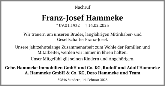 Traueranzeige von Franz-Josef Hammeke von Tageszeitung