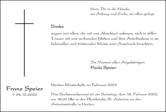 Traueranzeige von Franz Speier von Tageszeitung