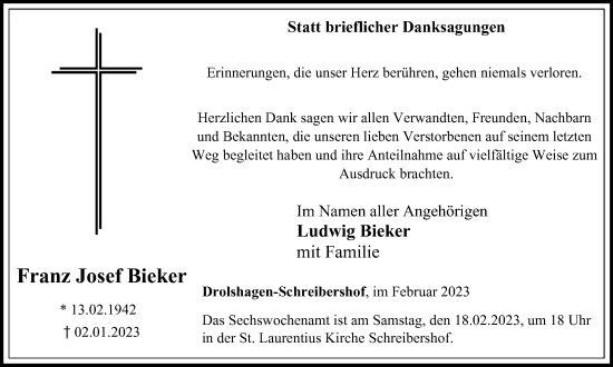 Traueranzeige von Franz Josef Bieker von Tageszeitung