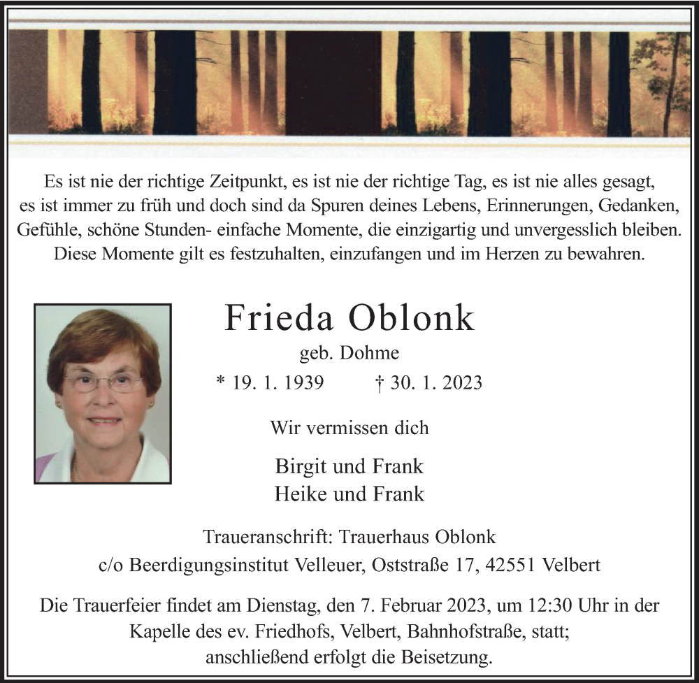  Traueranzeige für Frieda Oblonk vom 04.02.2023 aus WVW Anzeigenblätter