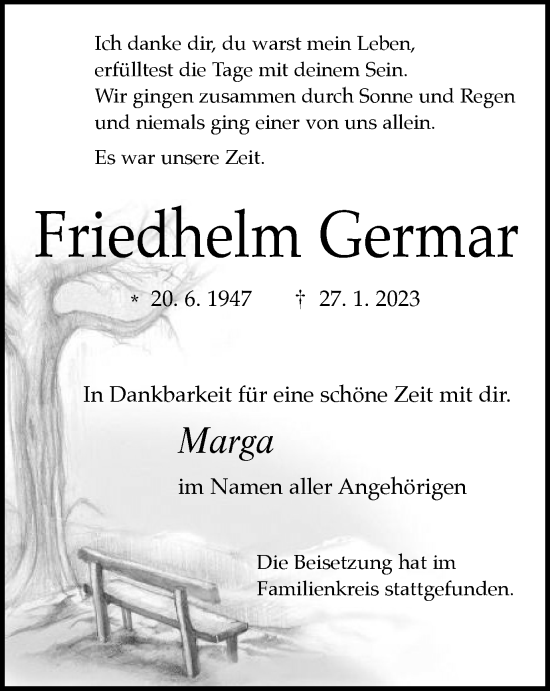 Traueranzeige von Friedhelm Germar von WVW Anzeigenblätter
