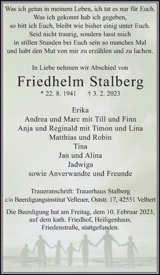 Traueranzeige von Friedhelm Stalberg von WVW Anzeigenblätter