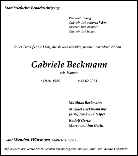 Traueranzeige von Gabriele Beckmann von Tageszeitung
