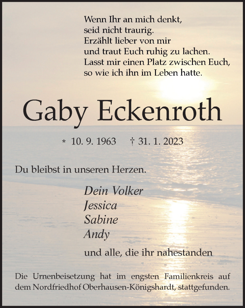 Traueranzeige für Gaby Eckenroth vom 18.02.2023 aus WVW Anzeigenblätter