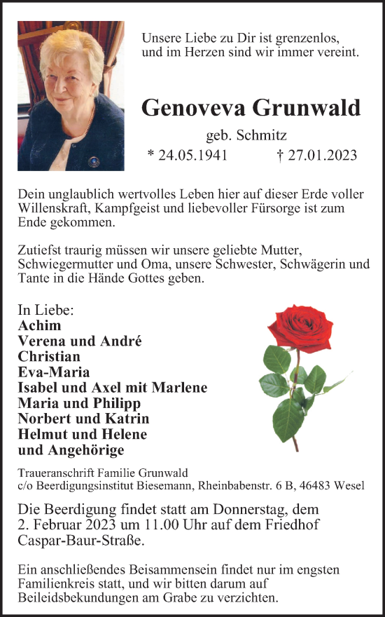 Traueranzeige von Genoveva Grunwald von Tageszeitung