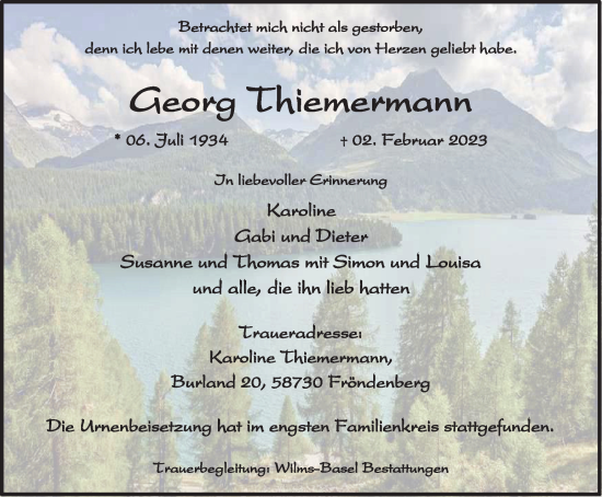 Traueranzeige von Georg Thiemermann von WVW Anzeigenblätter