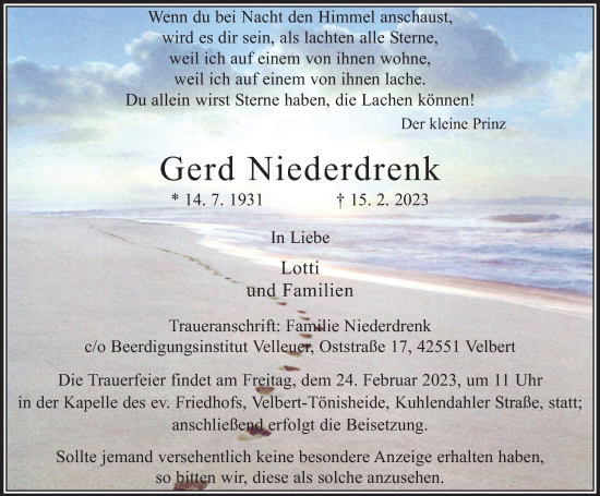 Traueranzeige von Gerd Niederdrenk von Tageszeitung