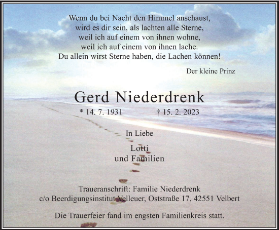 Traueranzeige von Gerd Niederdrenk von WVW Anzeigenblätter