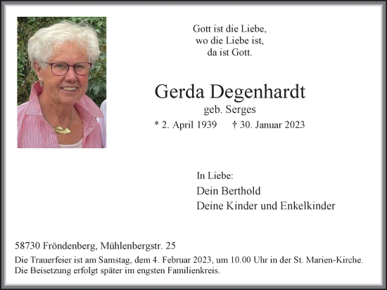 Traueranzeige von Gerda Degenhardt von WVW Anzeigenblätter