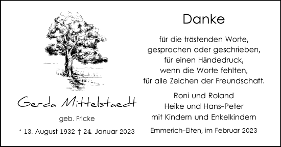 Traueranzeige von Gerda Mittelstaedt von Tageszeitung