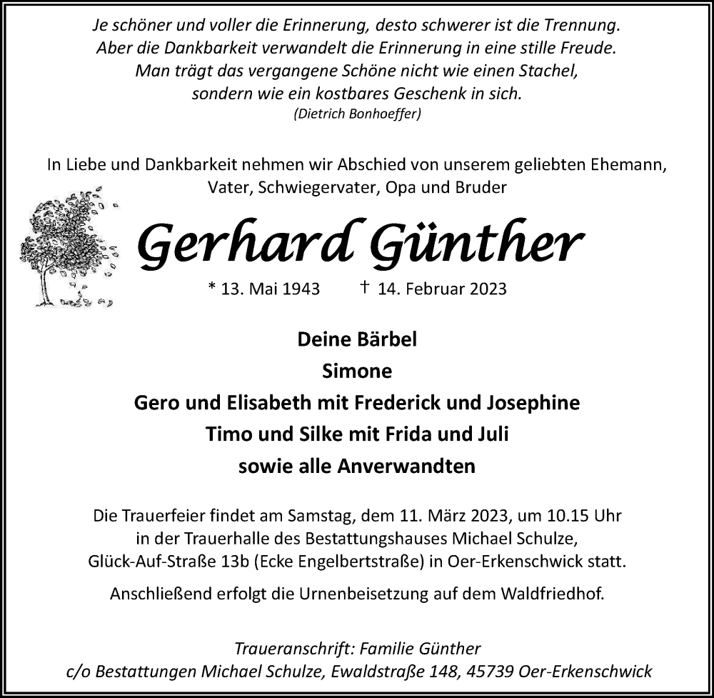  Traueranzeige für Gerhard Günther vom 25.02.2023 aus Tageszeitung