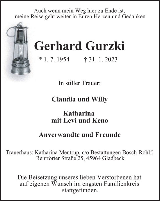 Traueranzeige von Gerhard Gurzki von WVW Anzeigenblätter