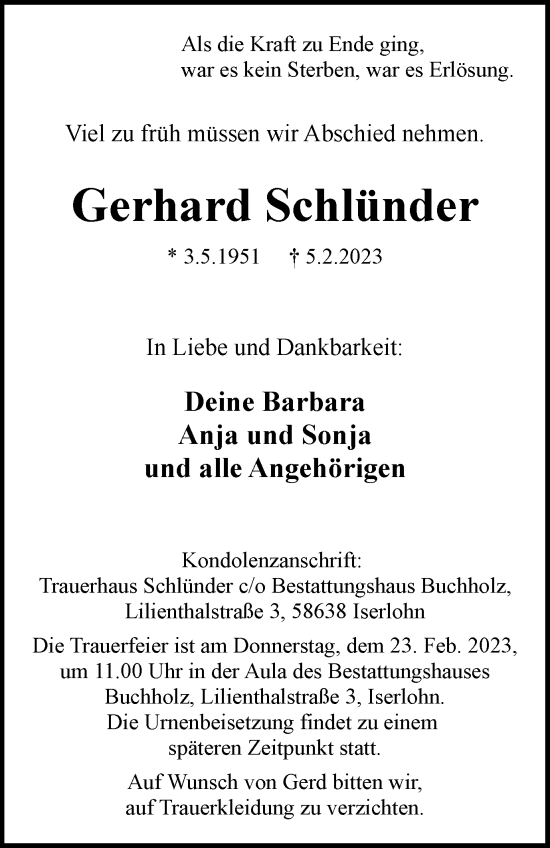 Traueranzeige von Gerhard Schlünder von Tageszeitung