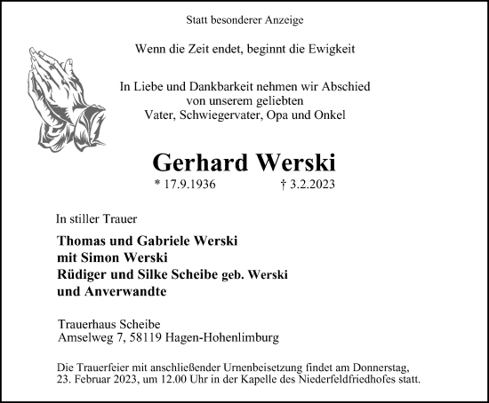 Traueranzeige von Gerhard Werski von Tageszeitung