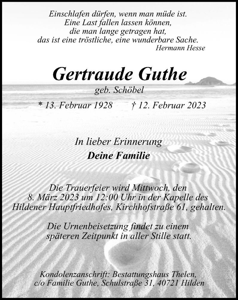  Traueranzeige für Gertraude Guthe vom 25.02.2023 aus WVW Anzeigenblätter