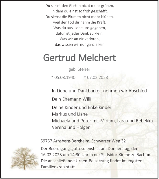 Traueranzeige von Gertrud Melchert von Tageszeitung