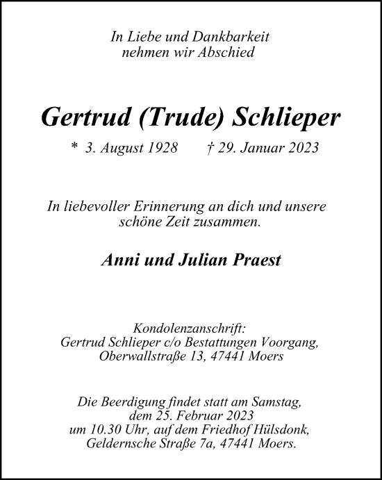 Traueranzeige von Gertrud Schlieper von Tageszeitung