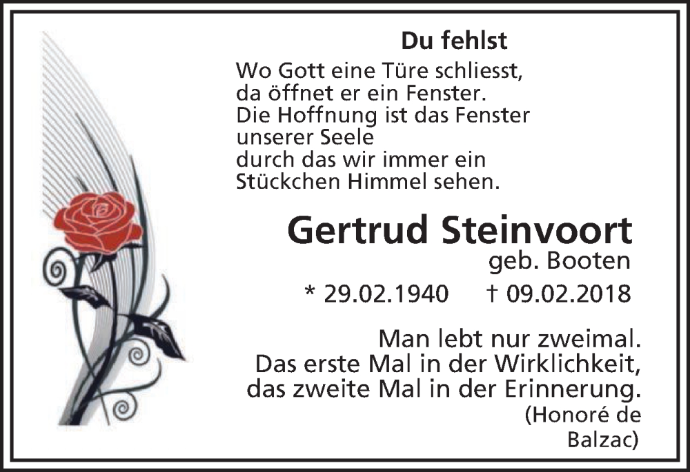  Traueranzeige für Gertrud Steinvoort vom 09.02.2023 aus Tageszeitung