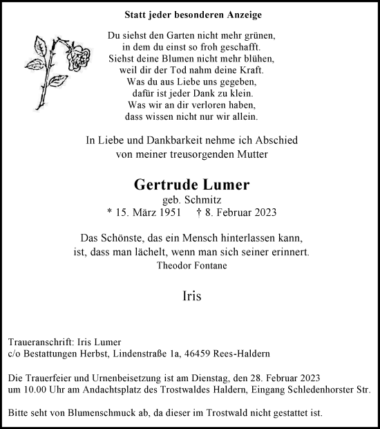 Traueranzeige von Gertrude Lumer von Tageszeitung