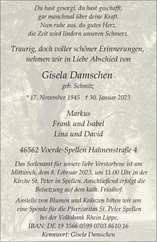 Traueranzeige von Gisela Damschen von Tageszeitung