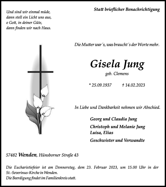 Traueranzeige von Gisela Jung von Tageszeitung