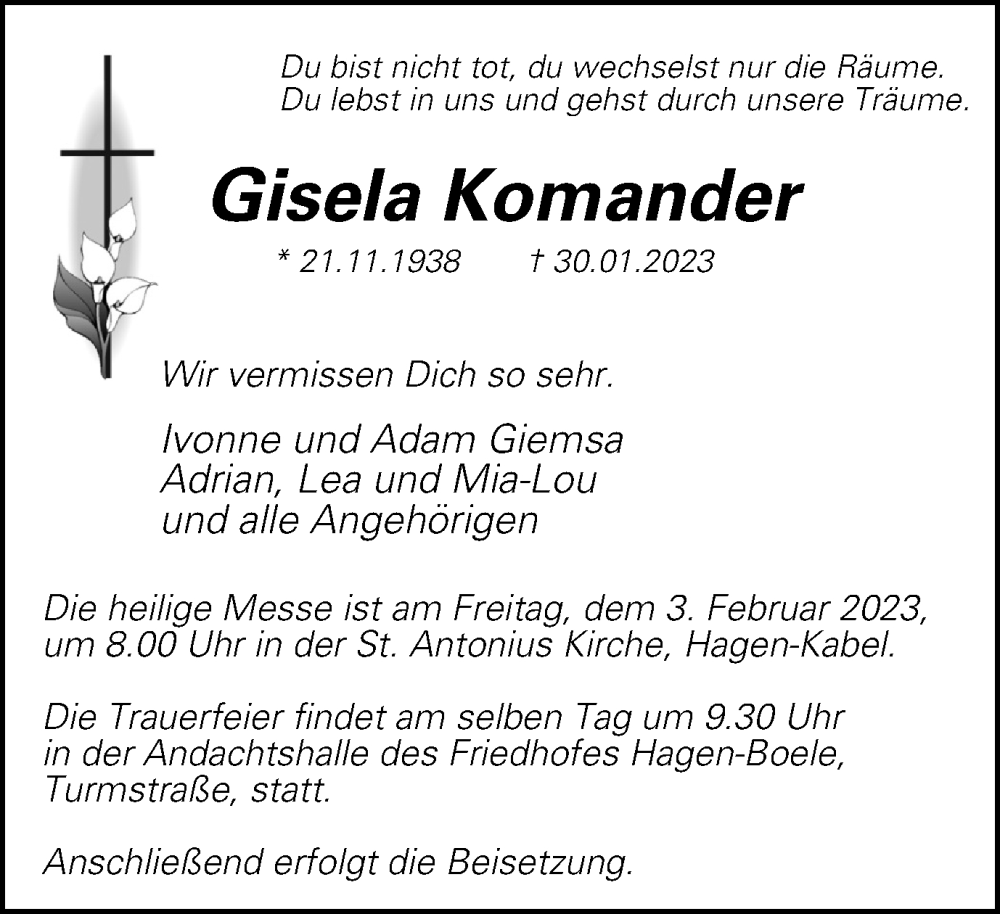  Traueranzeige für Gisela Komander vom 02.02.2023 aus Tageszeitung