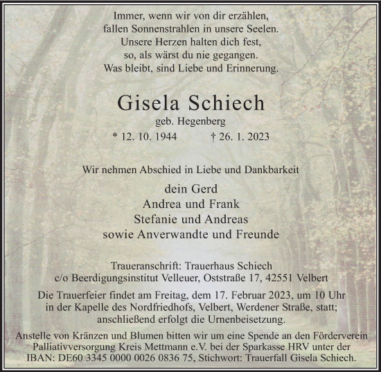 Traueranzeige von Gisela Schiech von WVW Anzeigenblätter