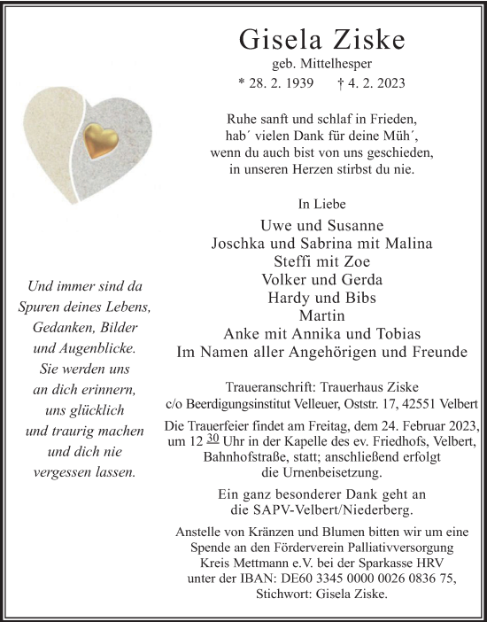 Traueranzeige von Gisela Ziske von WVW Anzeigenblätter