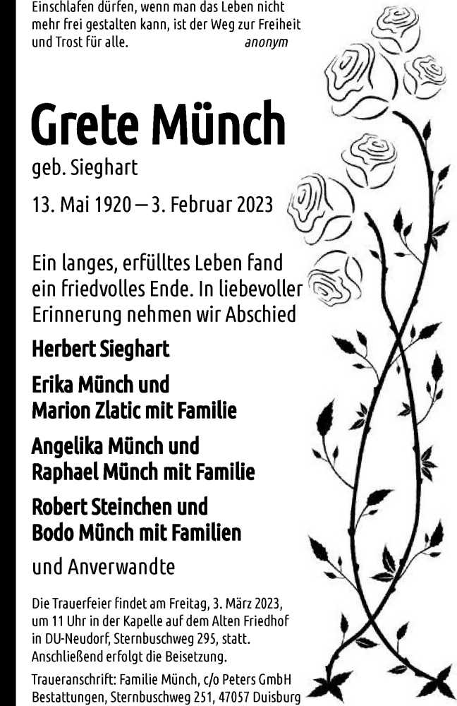  Traueranzeige für Grete Münch vom 25.02.2023 aus Tageszeitung