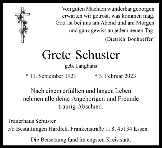 Traueranzeige von Grete Schuster von Tageszeitung