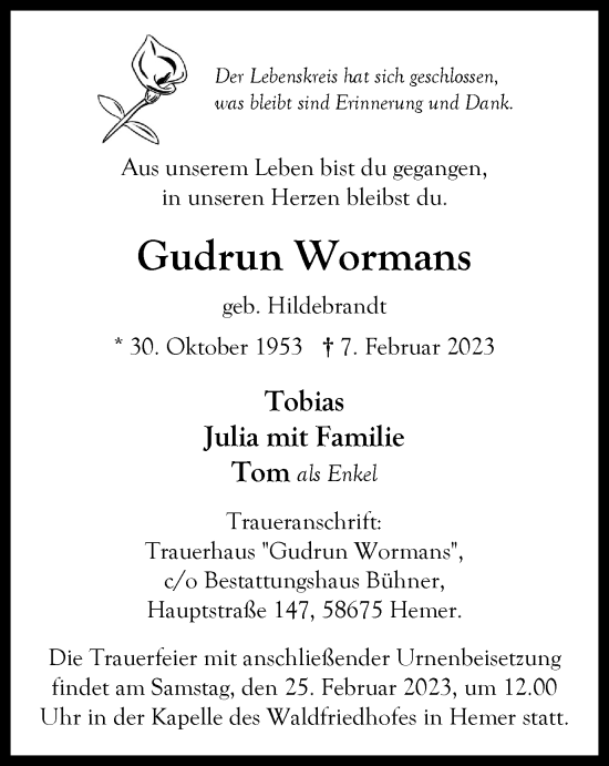Traueranzeige von Gudrun Wormans von WVW Anzeigenblätter