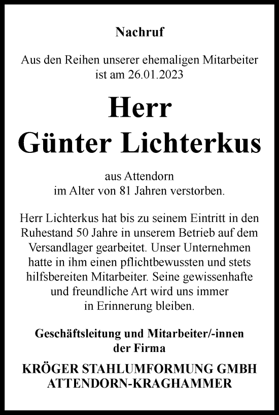 Traueranzeige von Günter Lichterkus von Tageszeitung