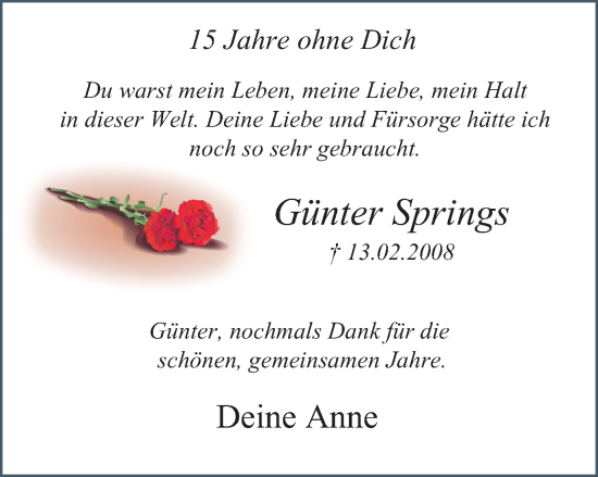 Traueranzeige von Günter Springs von Tageszeitung