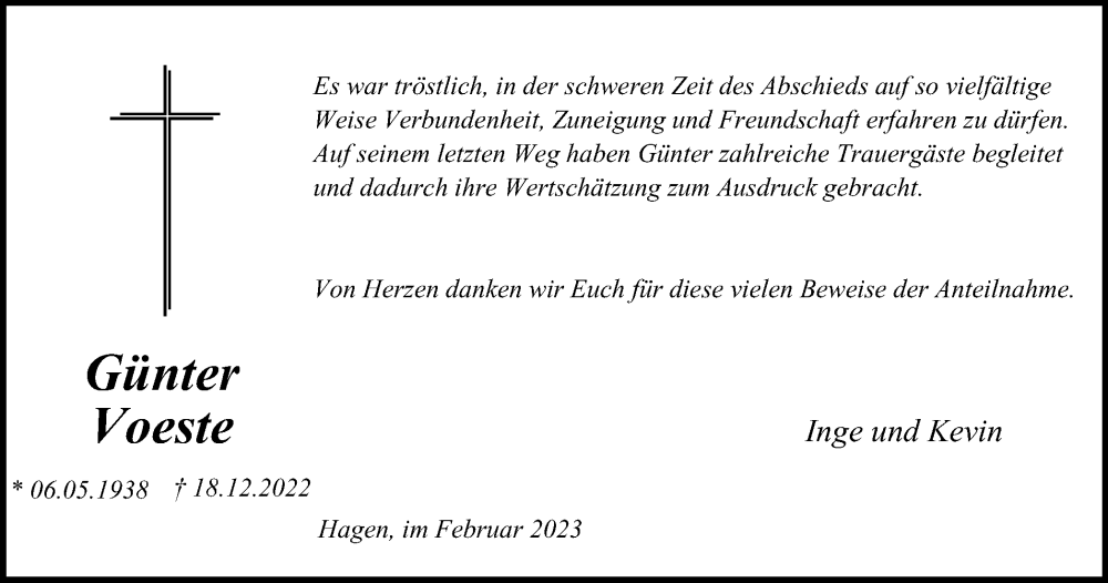  Traueranzeige für Günter Voeste vom 04.02.2023 aus Tageszeitung