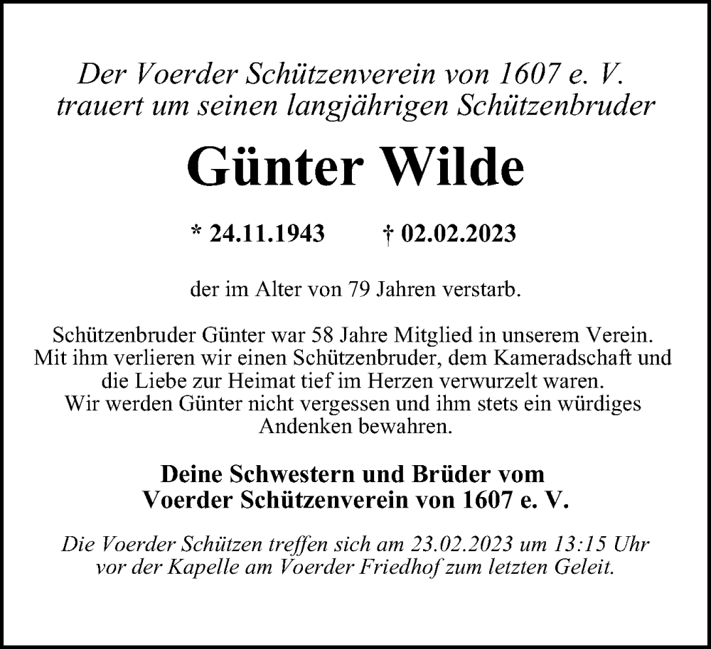  Traueranzeige für Günter Wilde vom 18.02.2023 aus Tageszeitung